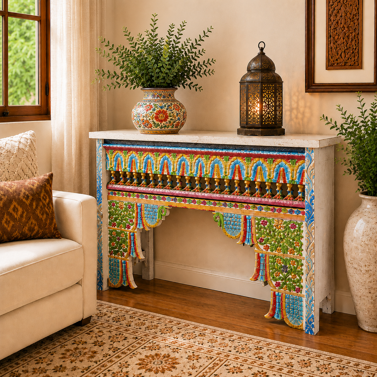 Consola Hindu Artesanal con Diseño Único y Estilo Oriental Tallada y Pintada a Mano