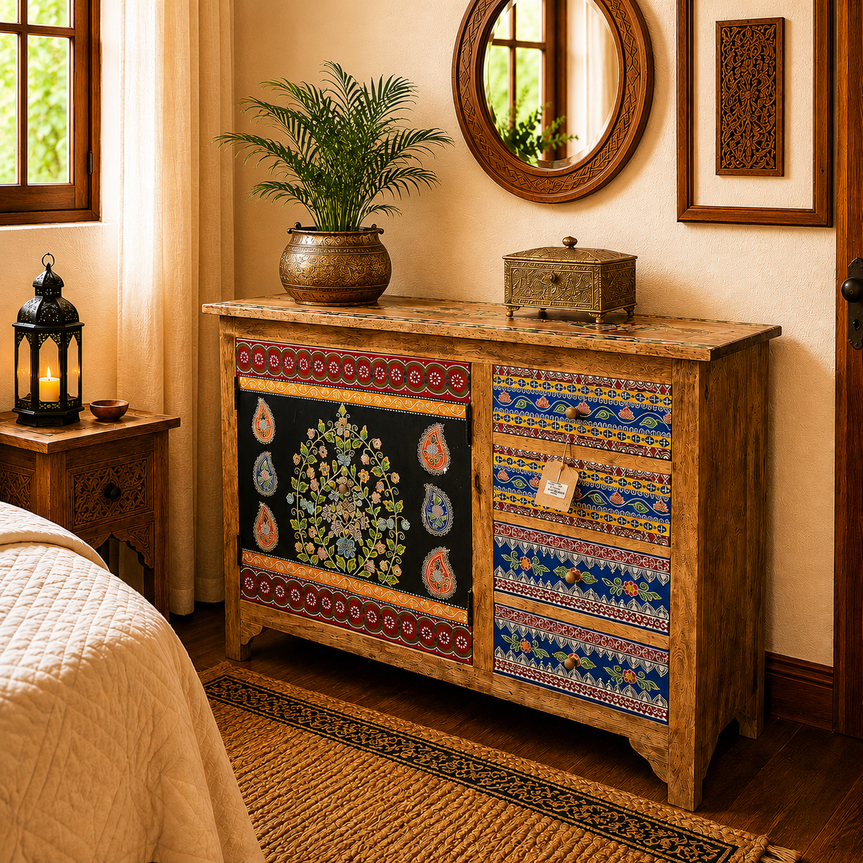 Cómoda Oriental De la India en Madera Pintada a Mano