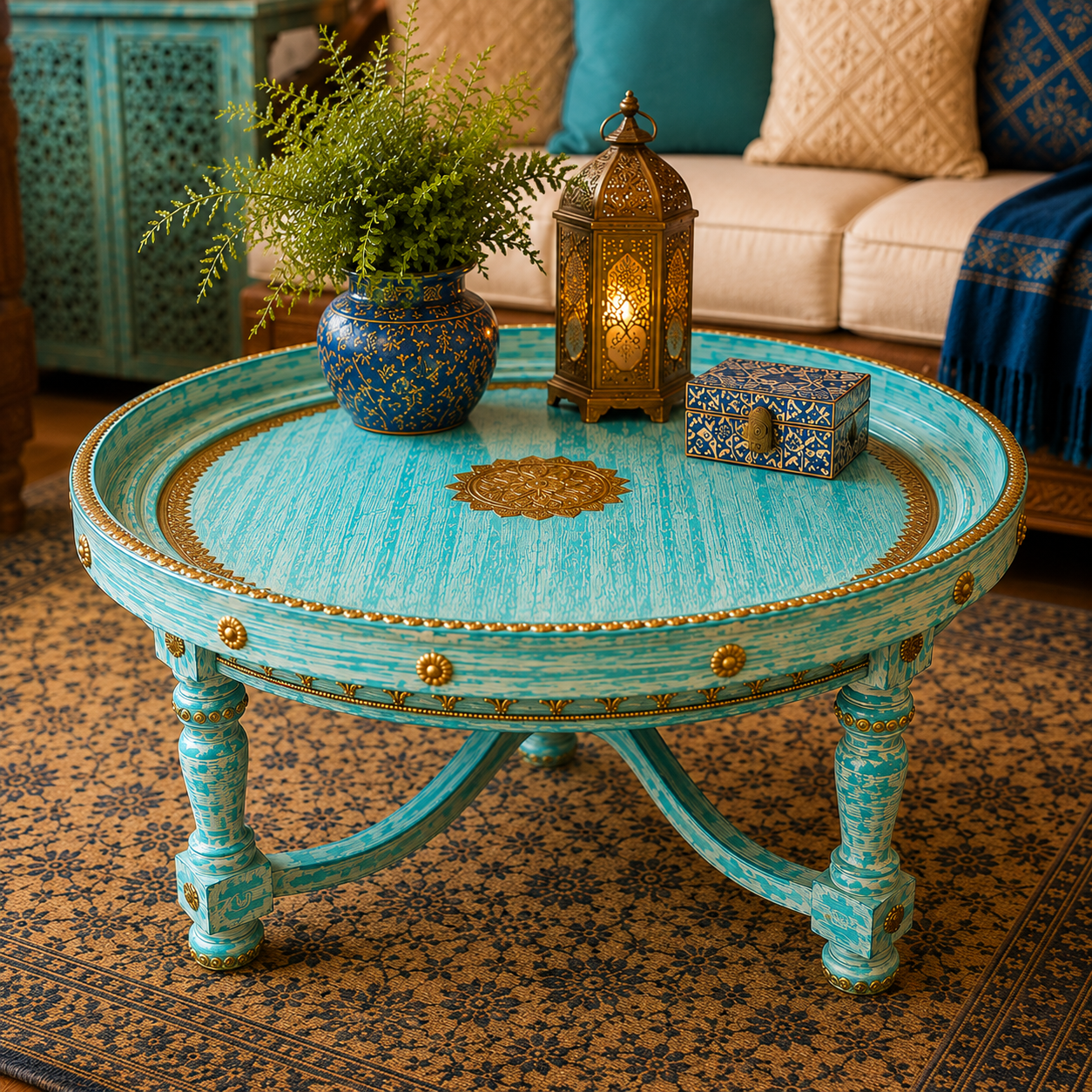Mesa de Centro Redonda "Elegancia Vintage" - Madera Tallada, Diseño Vintage con Toques Dorados y Detalles Artesanales