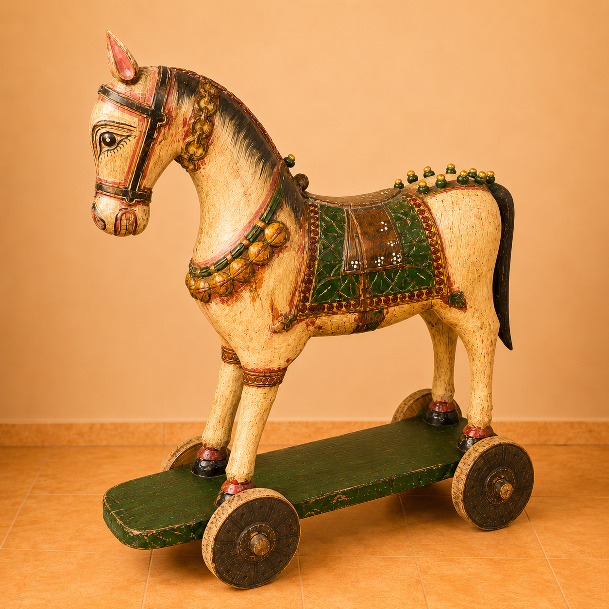 Caballo Decorativo Tallado a Mano de la India sobre Ruedas