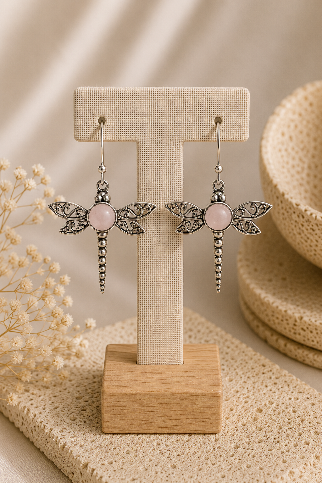Aretes Libélula Cuarzo Rosa
