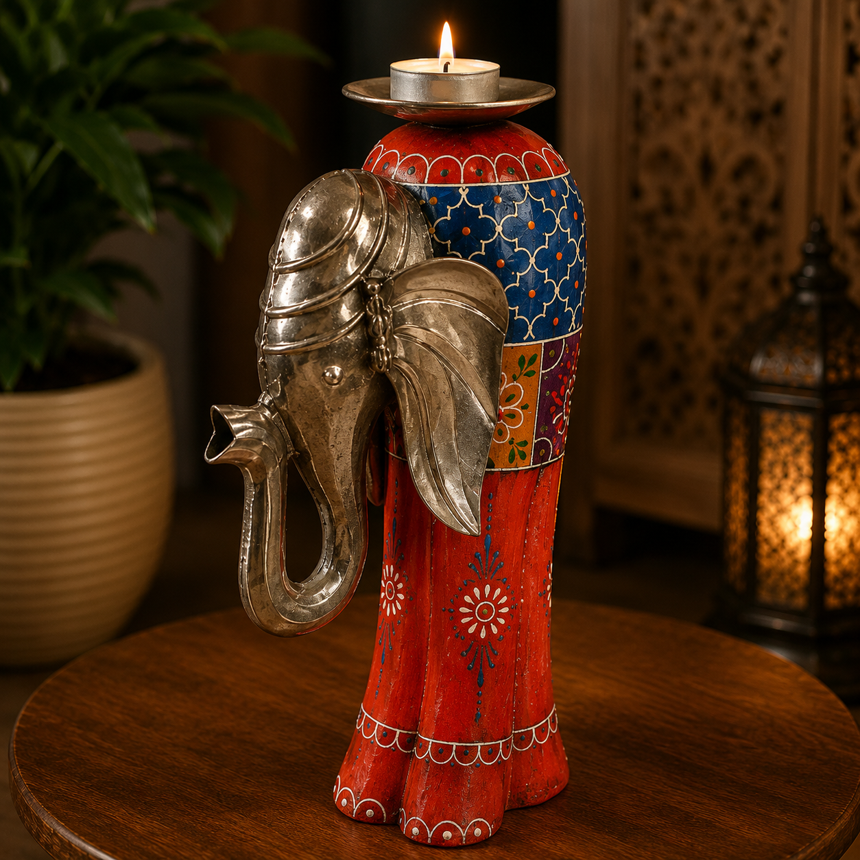Porta Vela Aarush con Cabeza de Elefante en Metal Artesanal Naranja Mediano