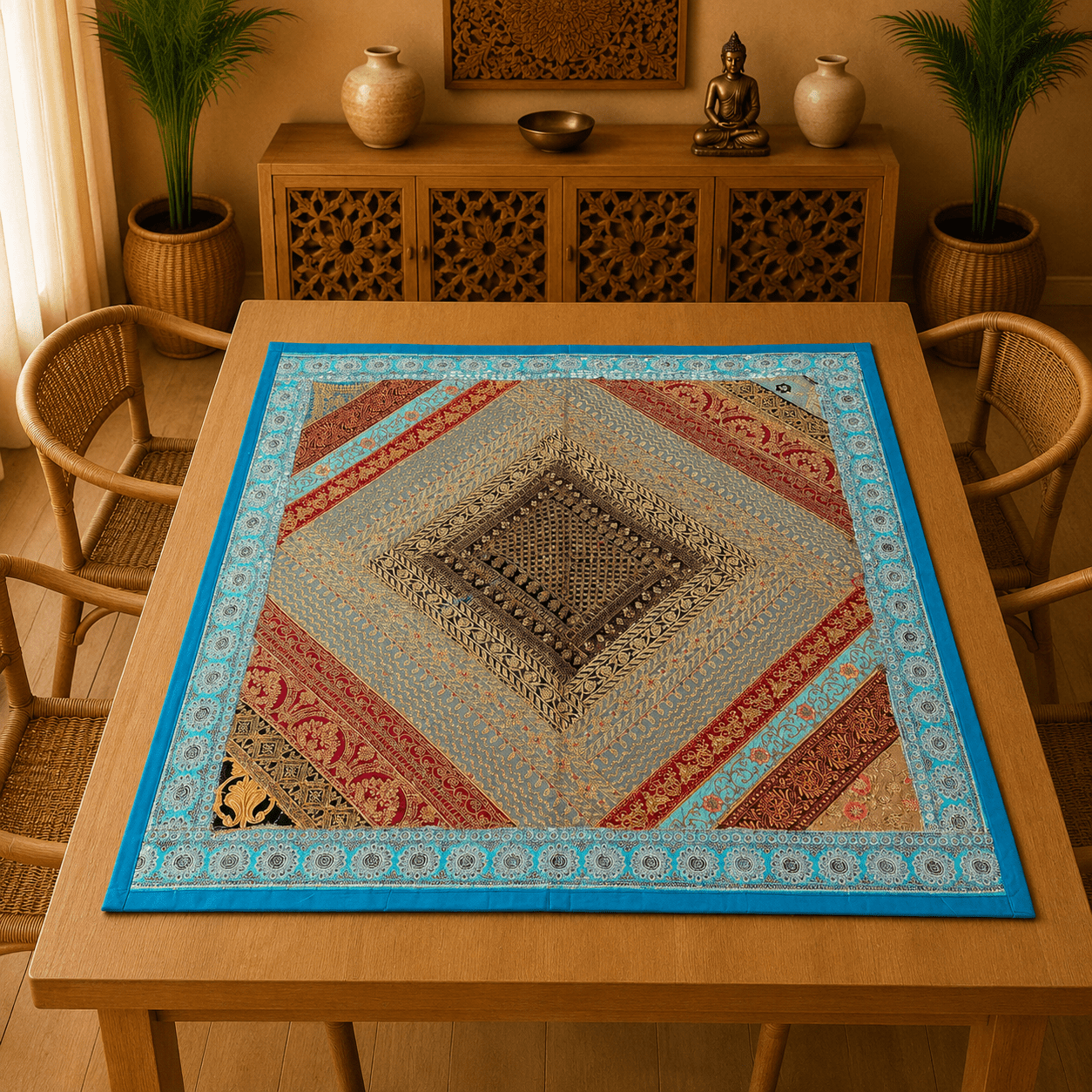 Mantel Cuadrado Arabesco Turquesa - BOUTIQUEDELAINDIA