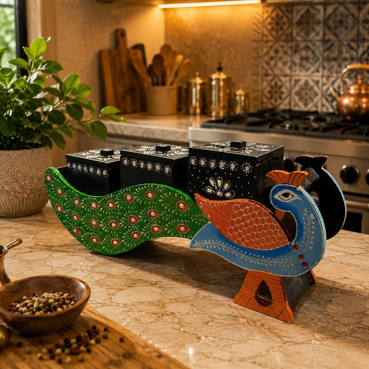 Organizador de Condimentos Pavo Real de los Jardines de Udaipur - BOUTIQUEDELAINDIA