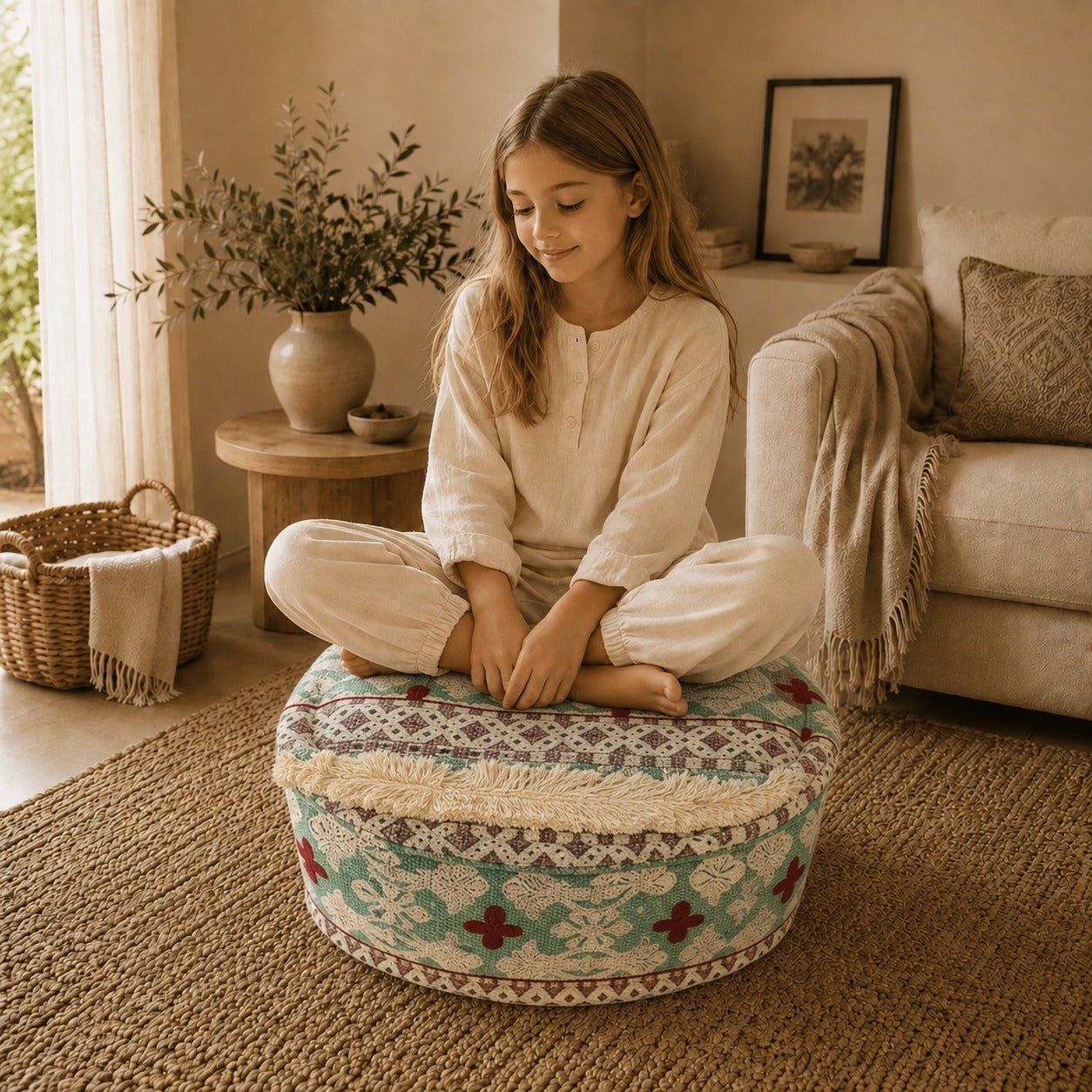 Puff Vanya Esmeralda con Flecos - BOUTIQUEDELAINDIA