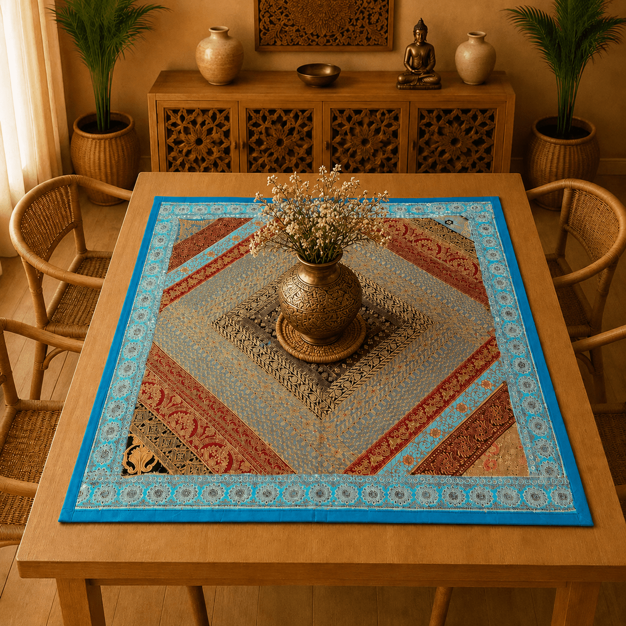 Mantel Cuadrado Arabesco Turquesa - BOUTIQUEDELAINDIA