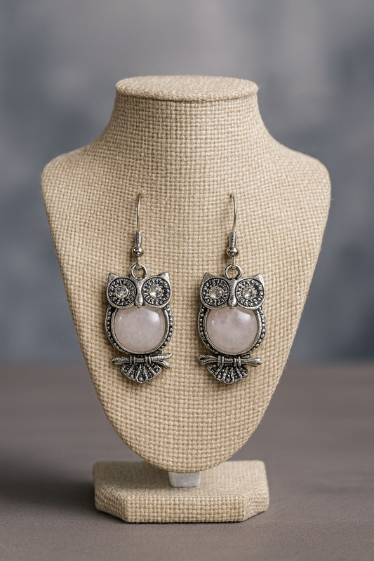 Aretes Búhos Cuarzo Rosado