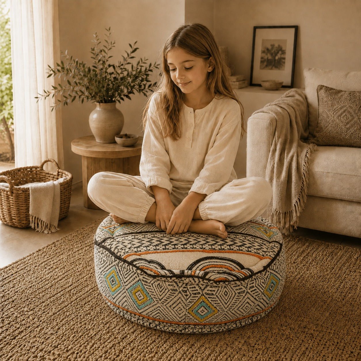 Puff Circular Surya Mostaza Bordado - BOUTIQUEDELAINDIA