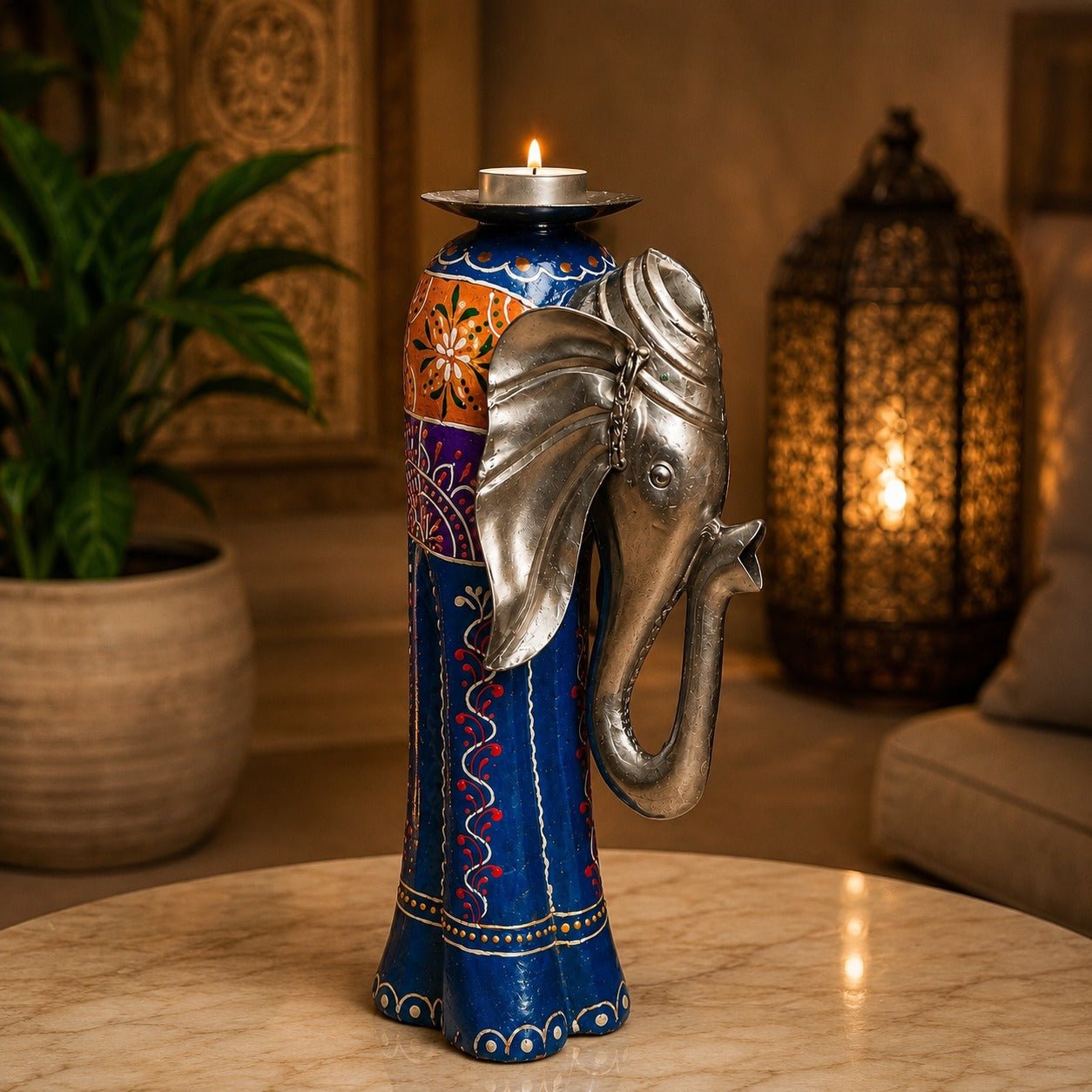 Portavela Artesanal Elefante Real de la India en Metal y Madera