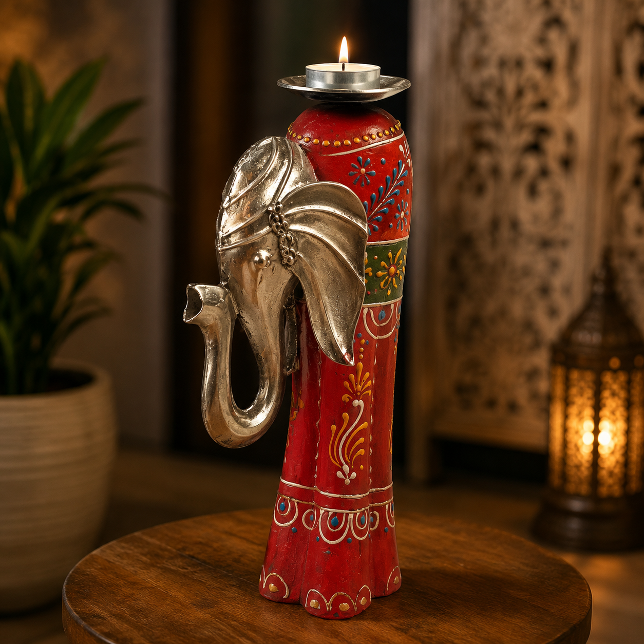 Porta Vela Aarush con Cabeza de Elefante en Metal Artesanal Pequeño