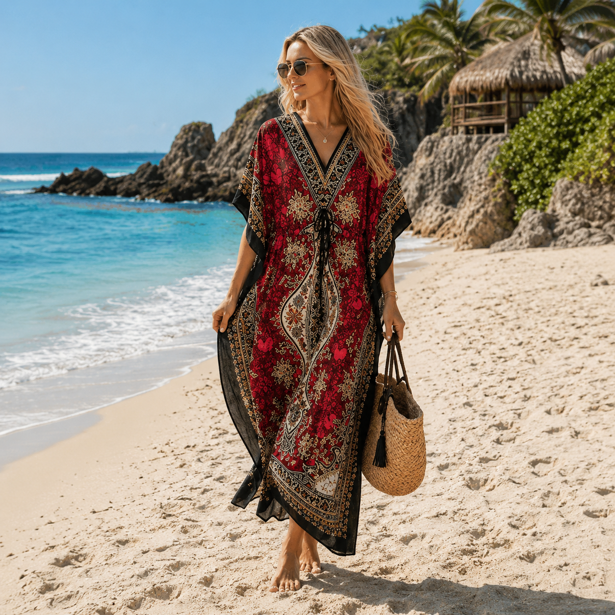 Vestido o Bata Kaftan Tela Liviana KF-1-1 Rojo