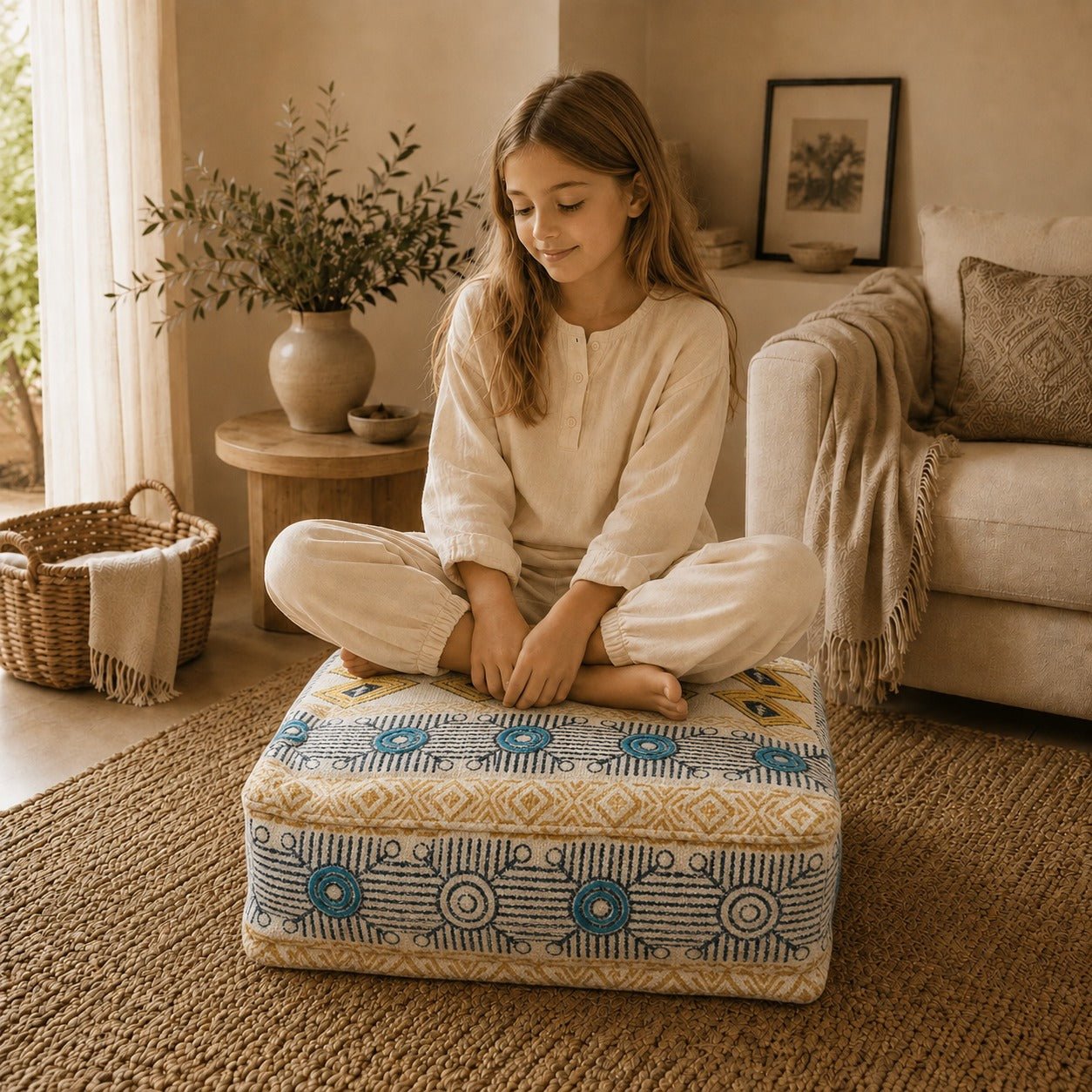 Puff Cuadrado Ishani Mostaza Bordado - BOUTIQUEDELAINDIA