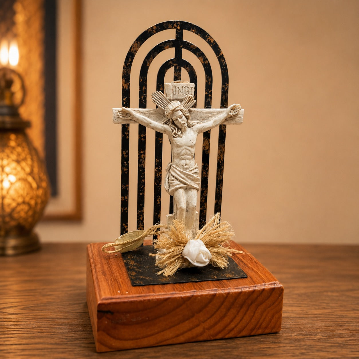 Escultura de Mesa Cristo Redentor con Base de Madera