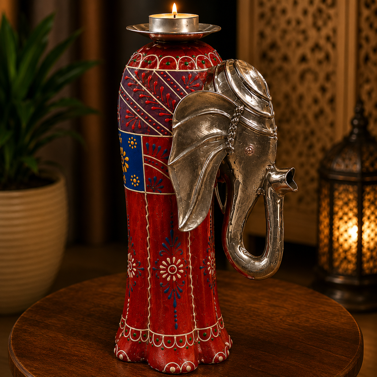 Porta Vela Aarush con Cabeza de Elefante en Metal Artesanal Naranja Mediano