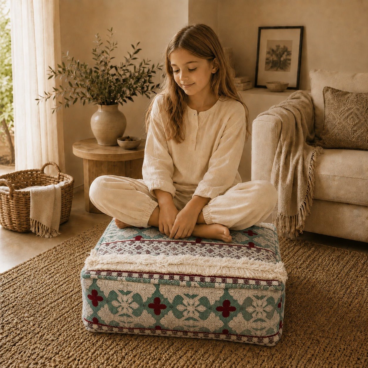 Puff Cuadrado Avani Verde Claro con Flecos - BOUTIQUEDELAINDIA