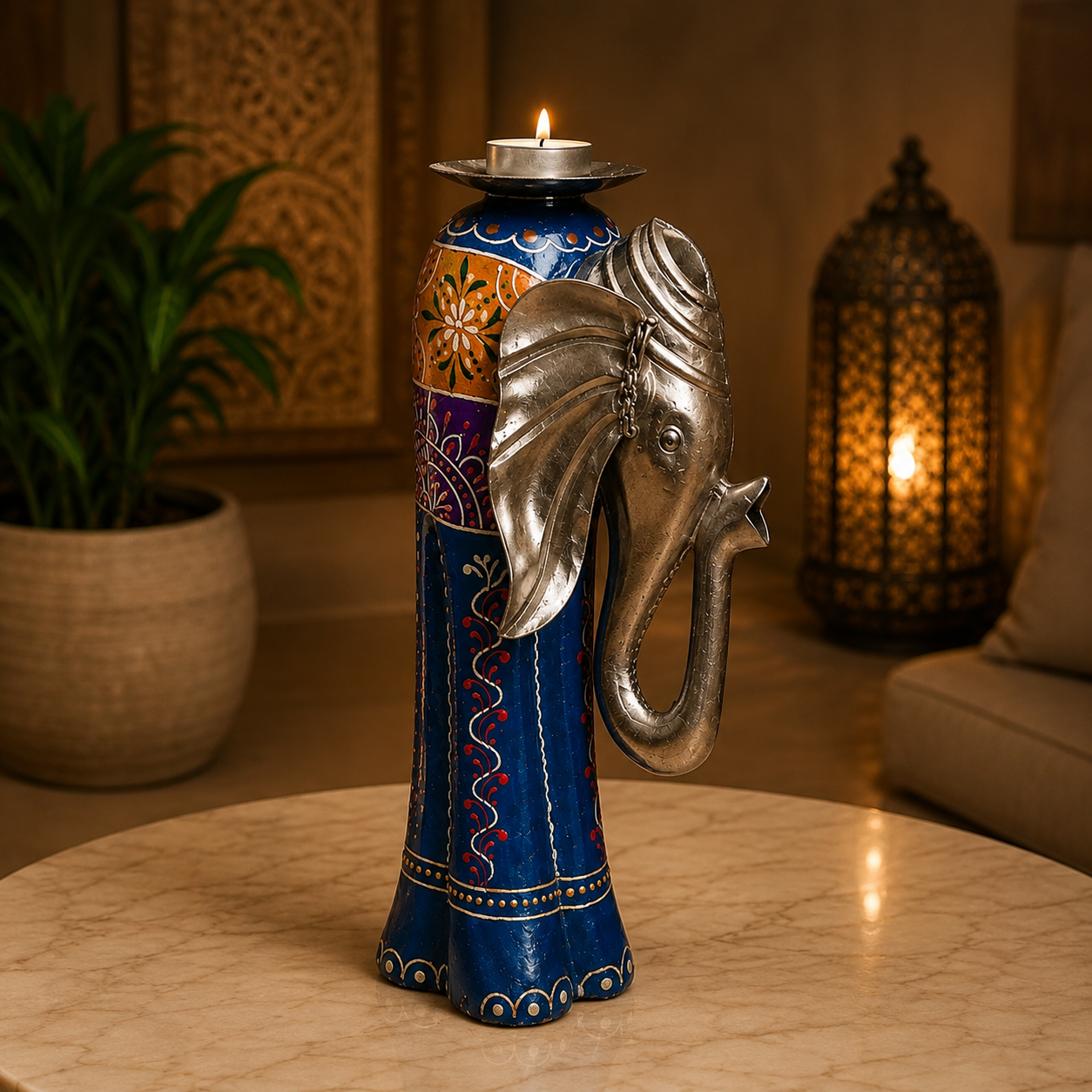Porta vela Artesanal Elefante Real de la India en Metal y Madera Grande 