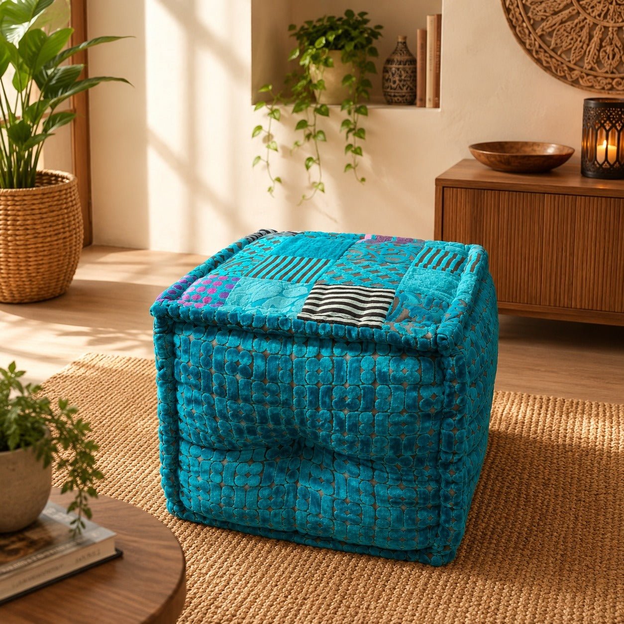 Puff Cubo Vihana Turquesa Artesanal - BOUTIQUEDELAINDIA
