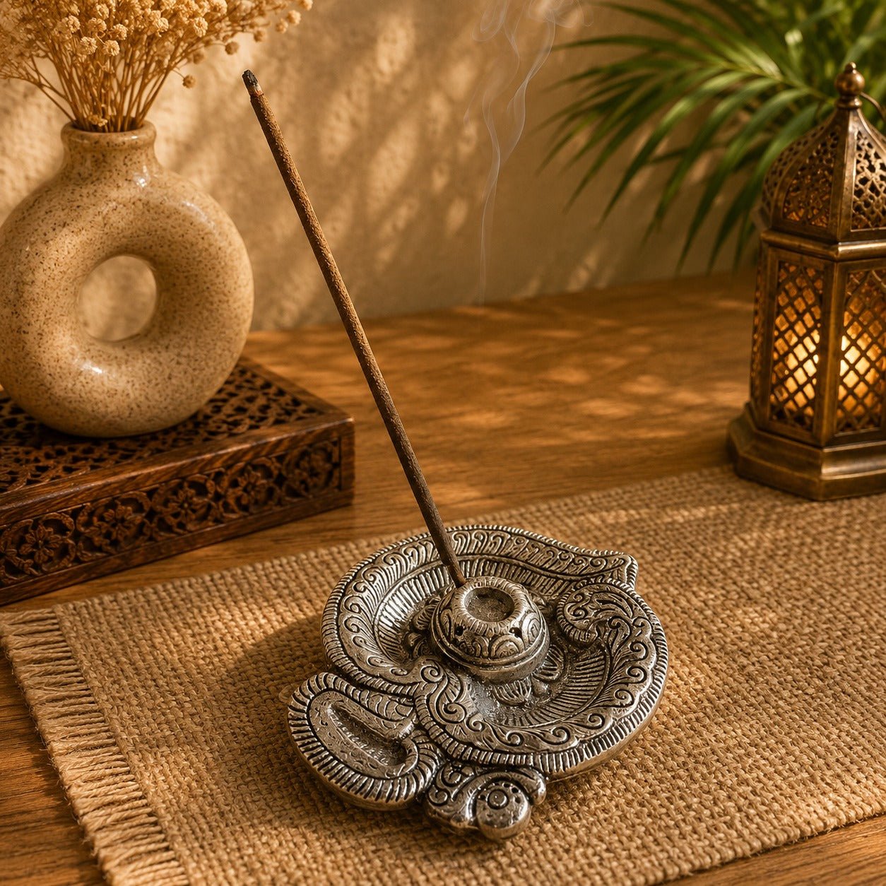 Porta incienso Om en Metal Plateado - BOUTIQUEDELAINDIA