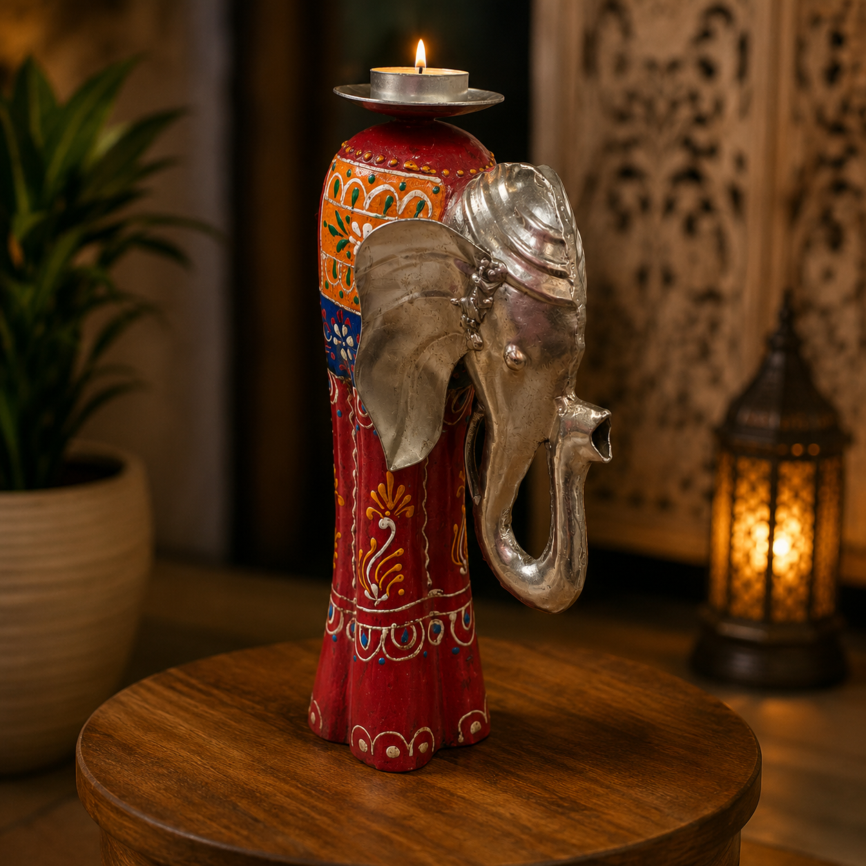 Porta Vela Aarush con Cabeza de Elefante en Metal Artesanal Pequeño