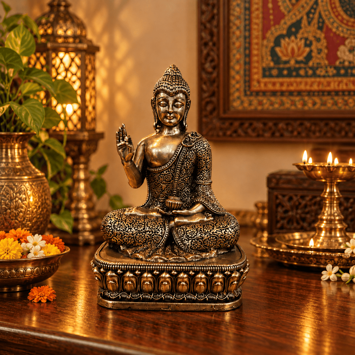 Figura Decorativa Buda de Bronce Shanti Sentado con Base de Loto - BOUTIQUEDELAINDIA