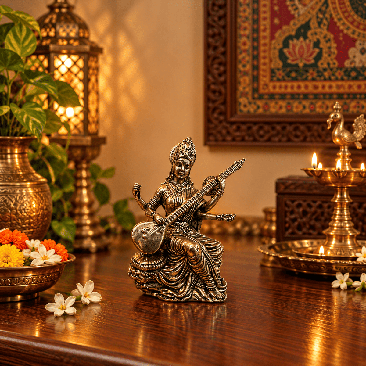 Figura Decorativa Diosa Saraswati de Bronce Vidya con Veena – Sabiduría, Arte y Conocimiento - BOUTIQUEDELAINDIA