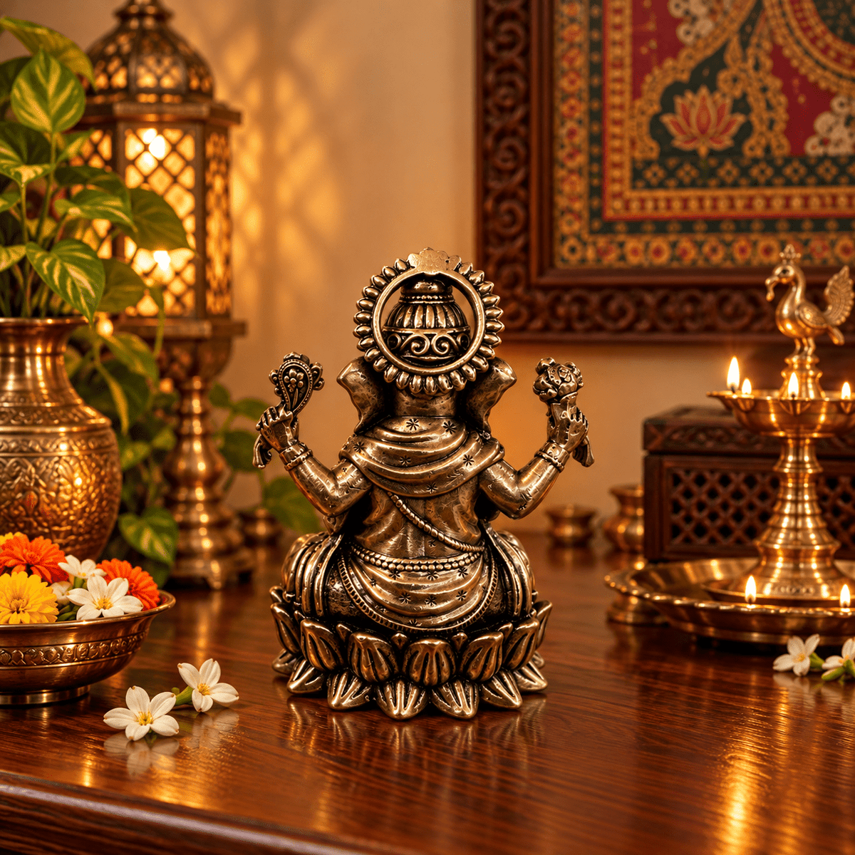 Figura Decorativa Ganesha de Bronce con Base de Loto – Sabiduría y Prosperidad - BOUTIQUEDELAINDIA