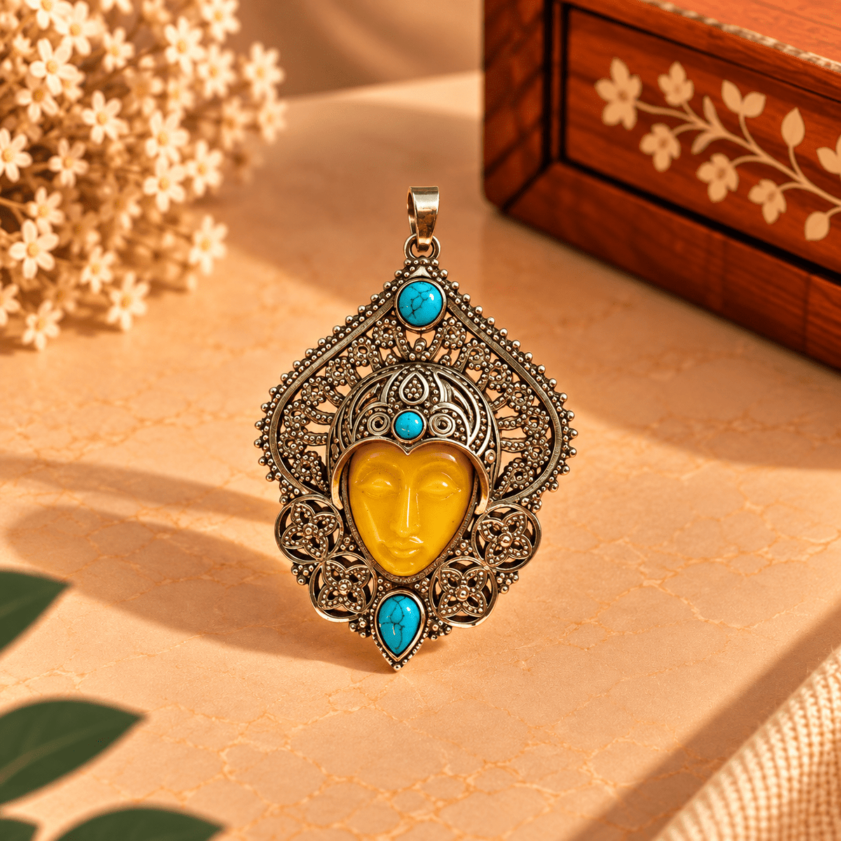 Dije de Bronce Anaya con Rostro Amarillo y Piedras Turquesas - BOUTIQUEDELAINDIA