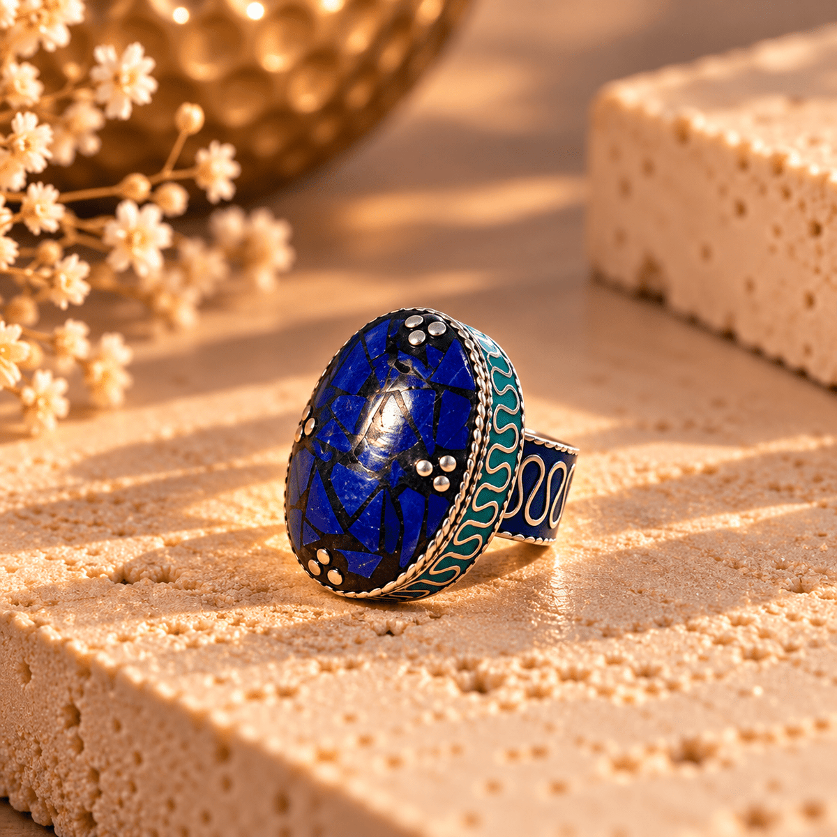 Anillo de Bronce Neelam Azul Real con Mosaico - BOUTIQUEDELAINDIA