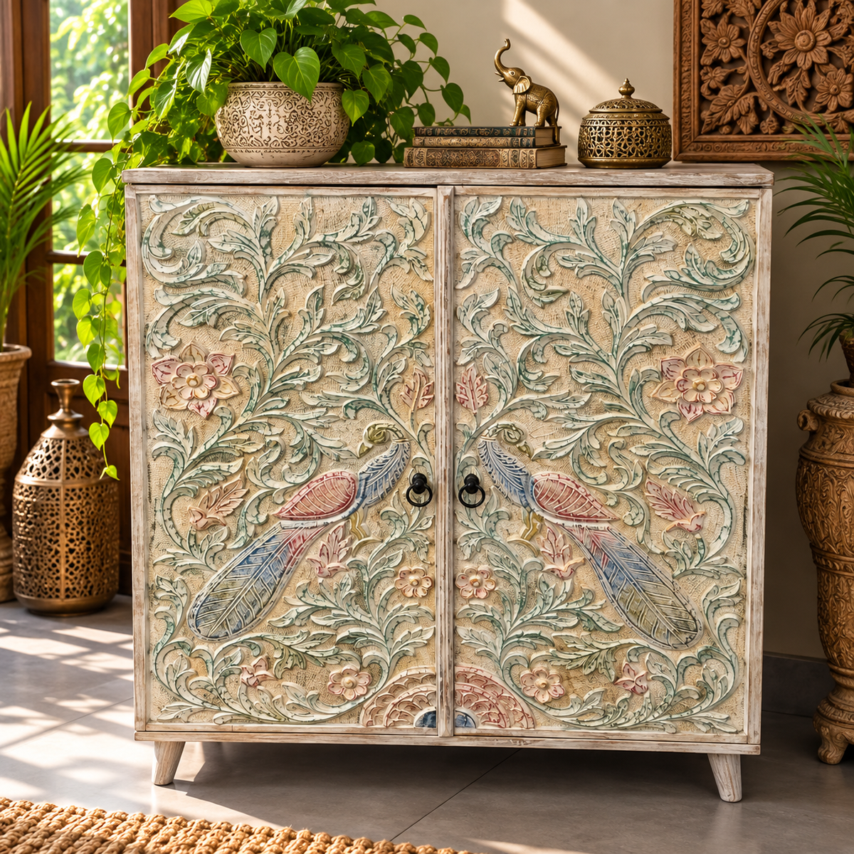 Gabinete Oriental de Madera Tallada con Pavos Reales y Flores - MD - BOUTIQUEDELAINDIA