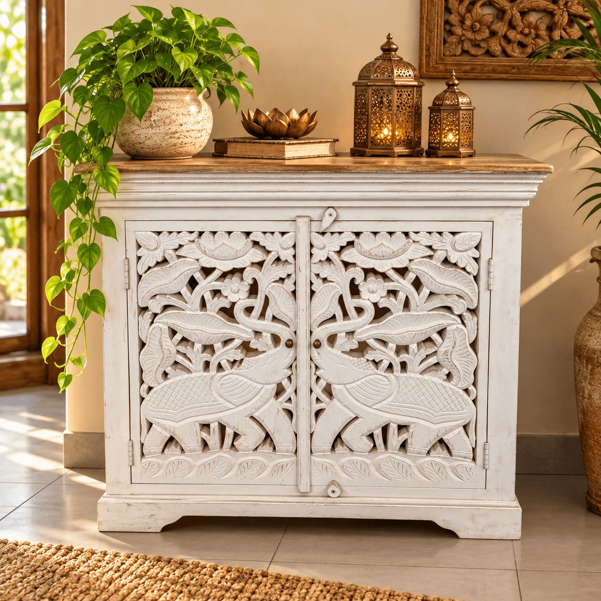 Aparador Oriental Blanco con Elefantes y Flores Talladas a Mano - MD - BOUTIQUEDELAINDIA