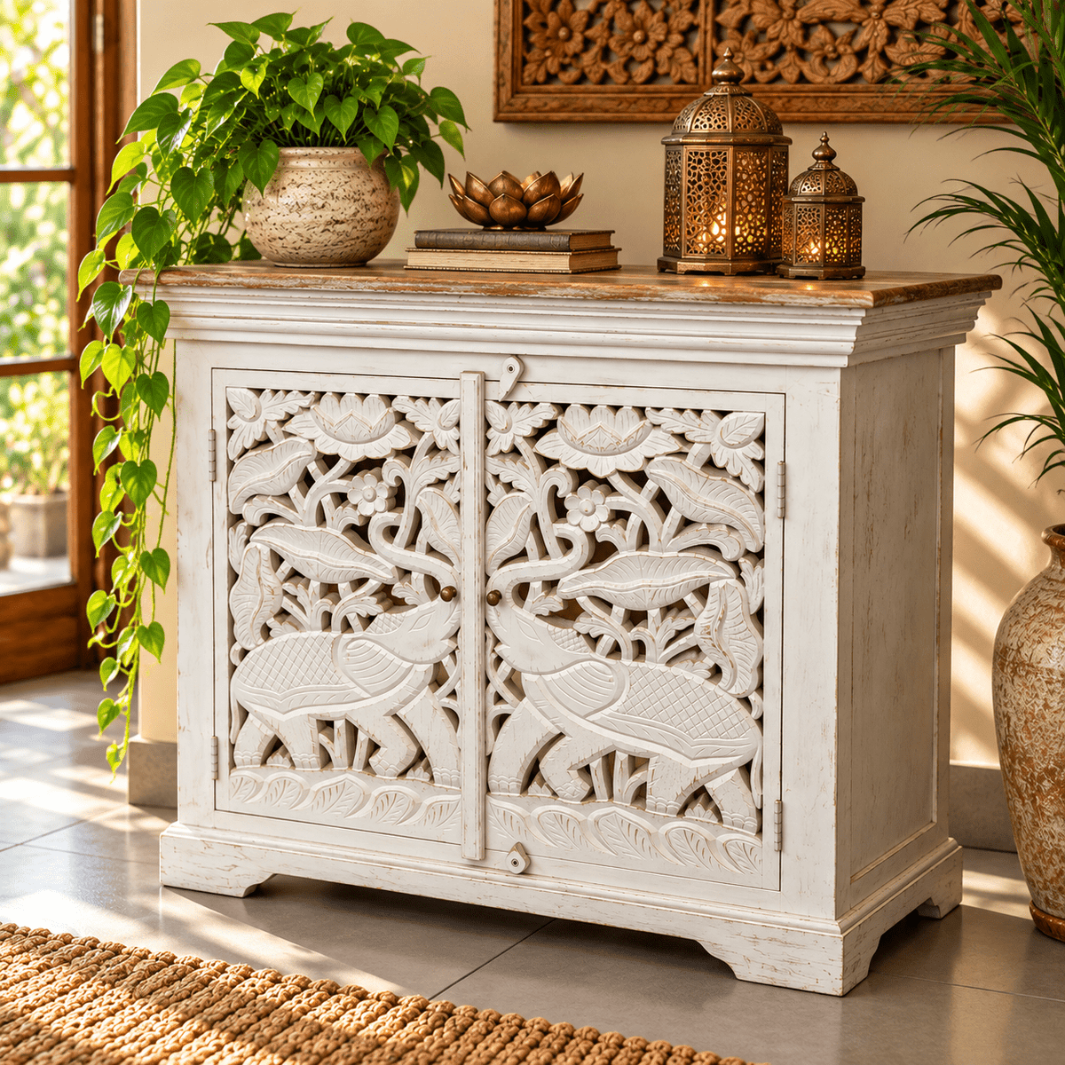 Aparador Oriental Blanco con Elefantes y Flores Talladas a Mano - MD - BOUTIQUEDELAINDIA