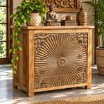 Aparador Oriental de Madera Tallada con Diseño de Sol Radiante - MD - BOUTIQUEDELAINDIA