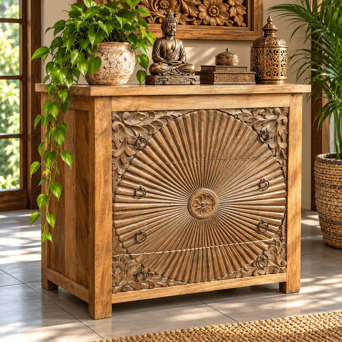 Aparador Oriental de Madera Tallada con Diseño de Sol Radiante - MD - BOUTIQUEDELAINDIA