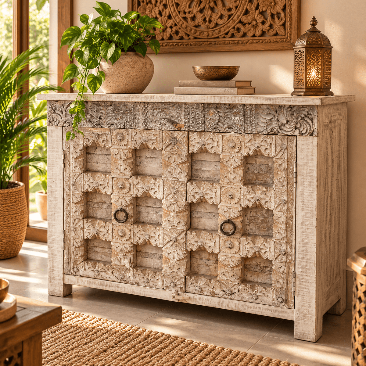 Aparador Oriental de Madera Tallada con Diseño Artesanal - MD - BOUTIQUEDELAINDIA