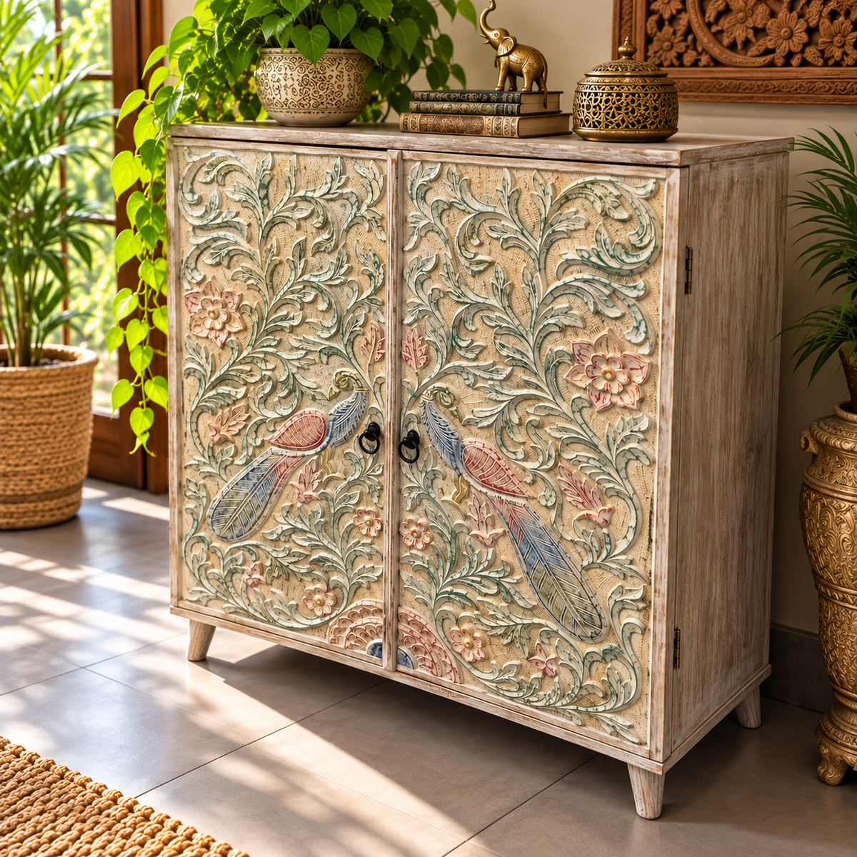 Gabinete Oriental de Madera Tallada con Pavos Reales y Flores - MD - BOUTIQUEDELAINDIA