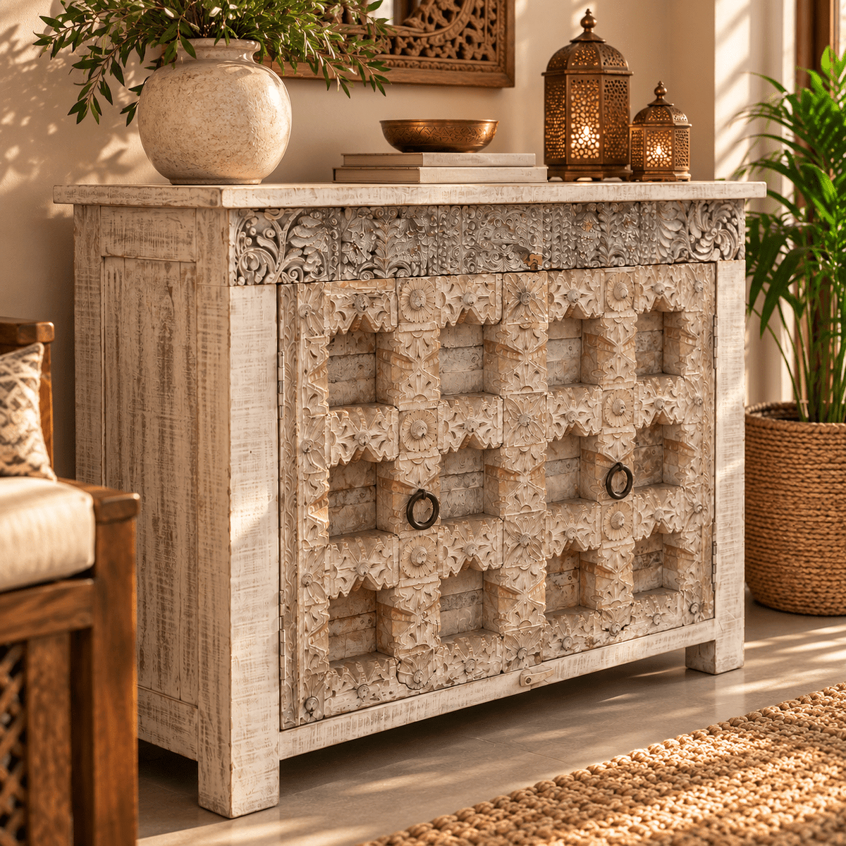 Aparador Oriental de Madera Tallada con Diseño Artesanal - MD - BOUTIQUEDELAINDIA