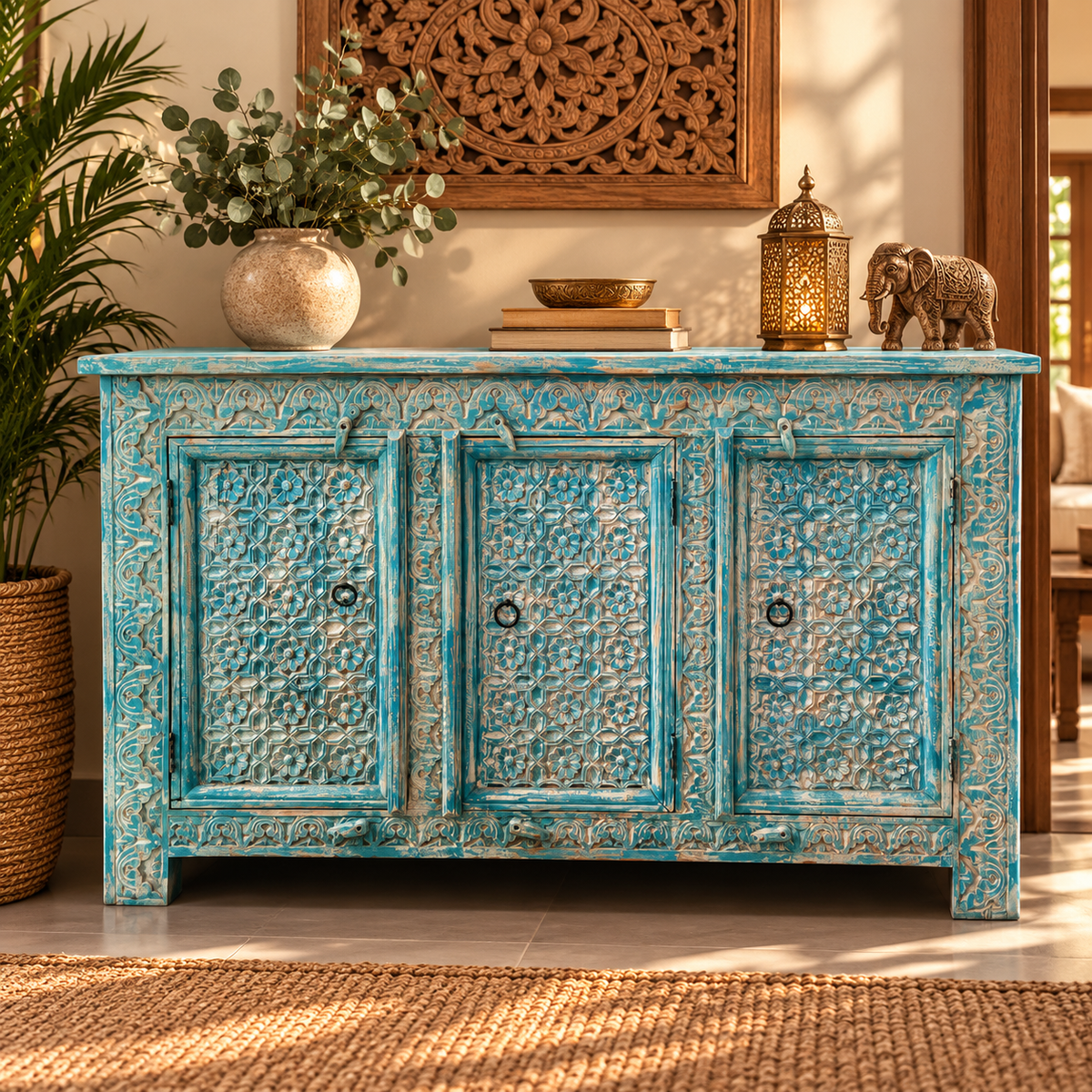 Aparador Oriental Turquesa de Tres Puertas con Tallado Floral - MD - BOUTIQUEDELAINDIA