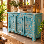 Aparador Oriental Turquesa de Tres Puertas con Tallado Floral - MD - BOUTIQUEDELAINDIA