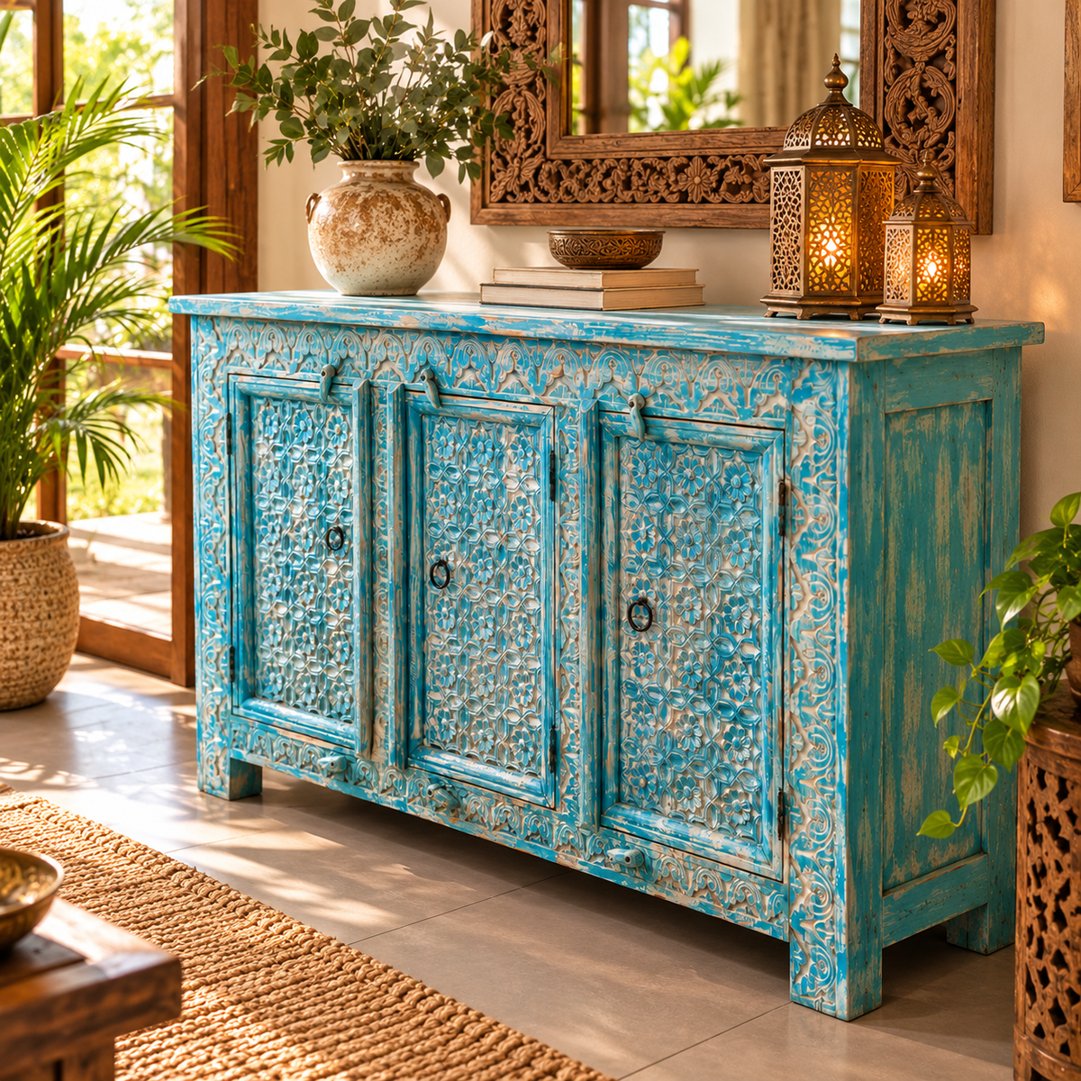 Aparador Oriental Turquesa de Tres Puertas con Tallado Floral - MD - BOUTIQUEDELAINDIA
