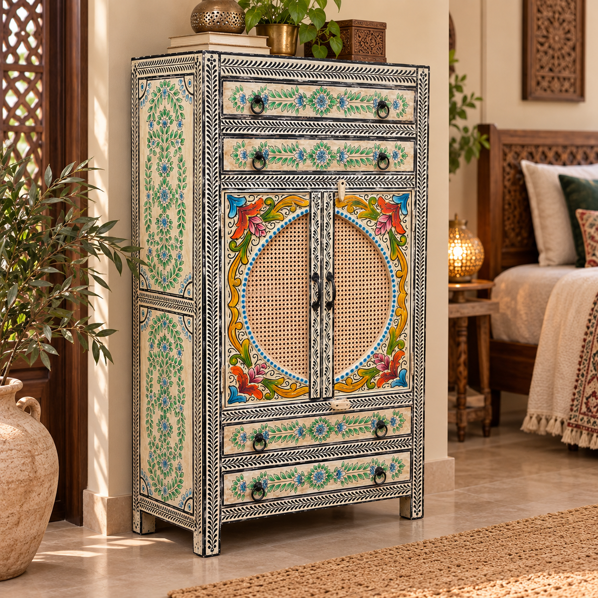 Armario Oriental de Madera Pintado a Mano con Flores y Puertas - MD - BOUTIQUEDELAINDIA