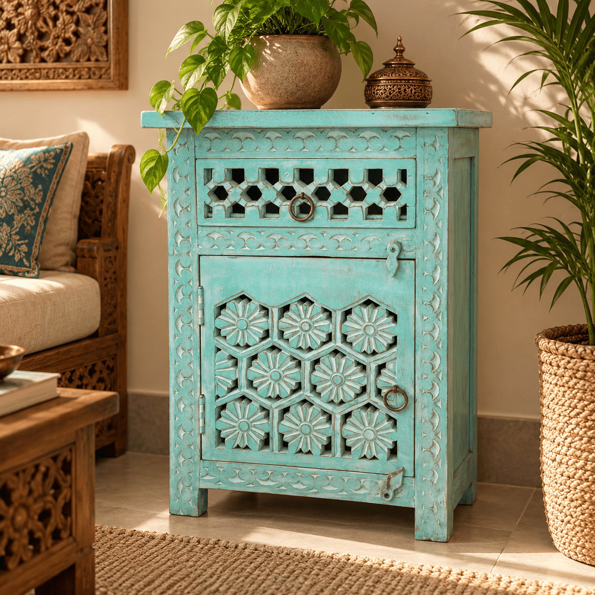 Gabinete Oriental Turquesa con Tallado Floral Artesanal - MD - BOUTIQUEDELAINDIA