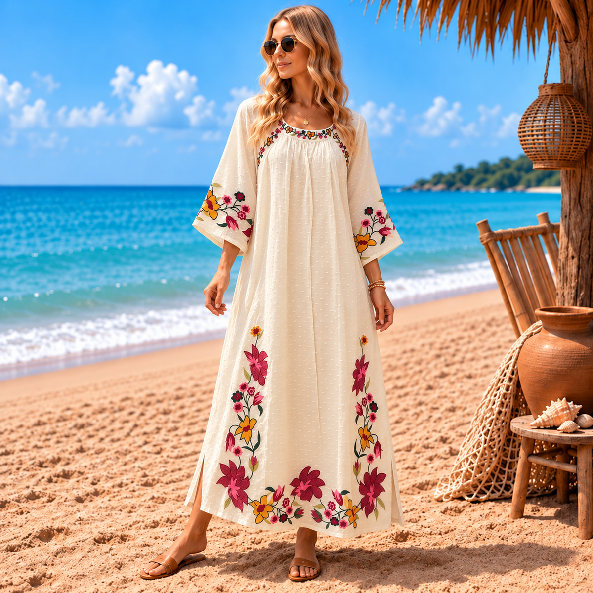 Vestido Blusón Fantasy de Algodón con Flores Bordadas - BOUTIQUEDELAINDIA