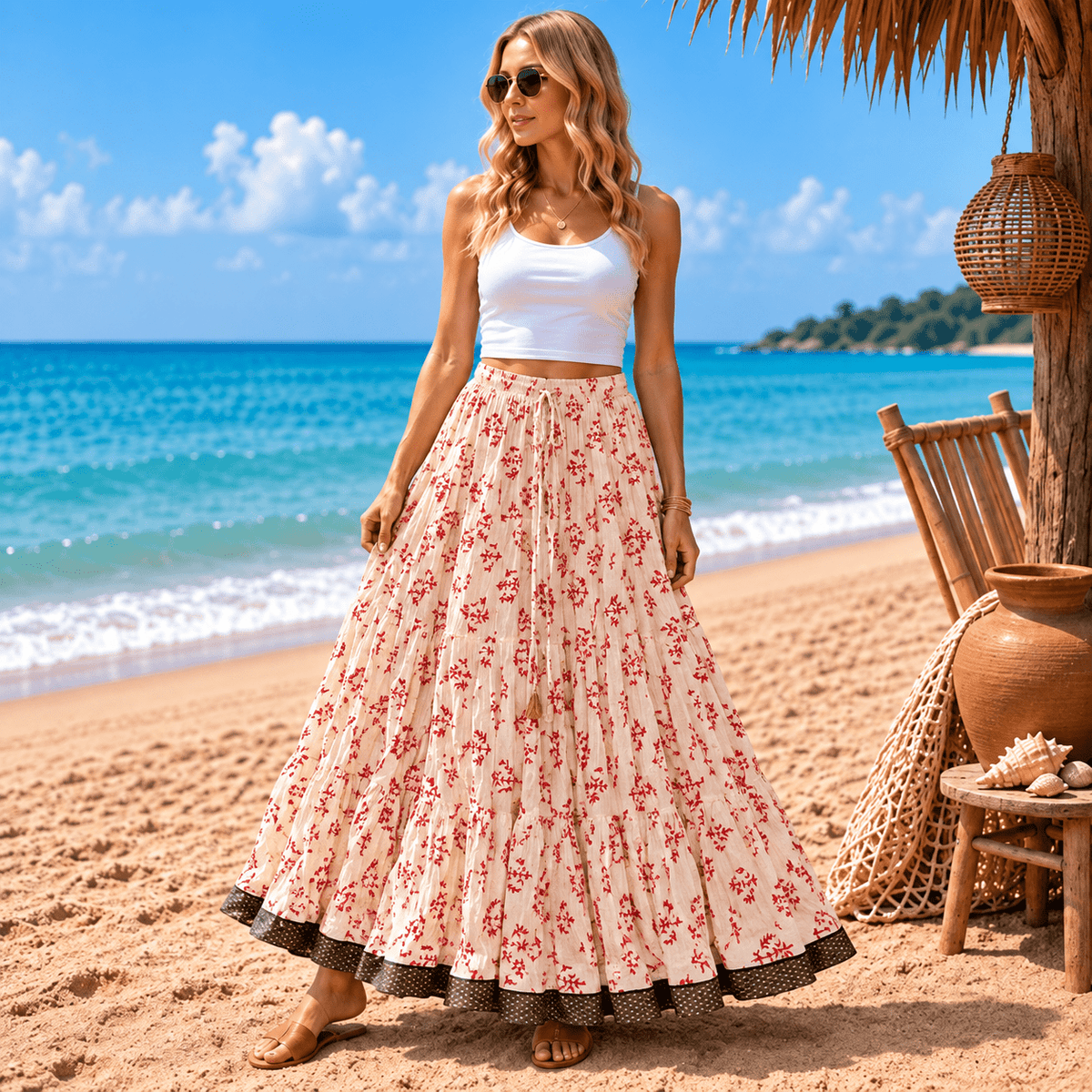 Falda Anarkali Pushpa con Estampado Ligero Rojo - BOUTIQUEDELAINDIA