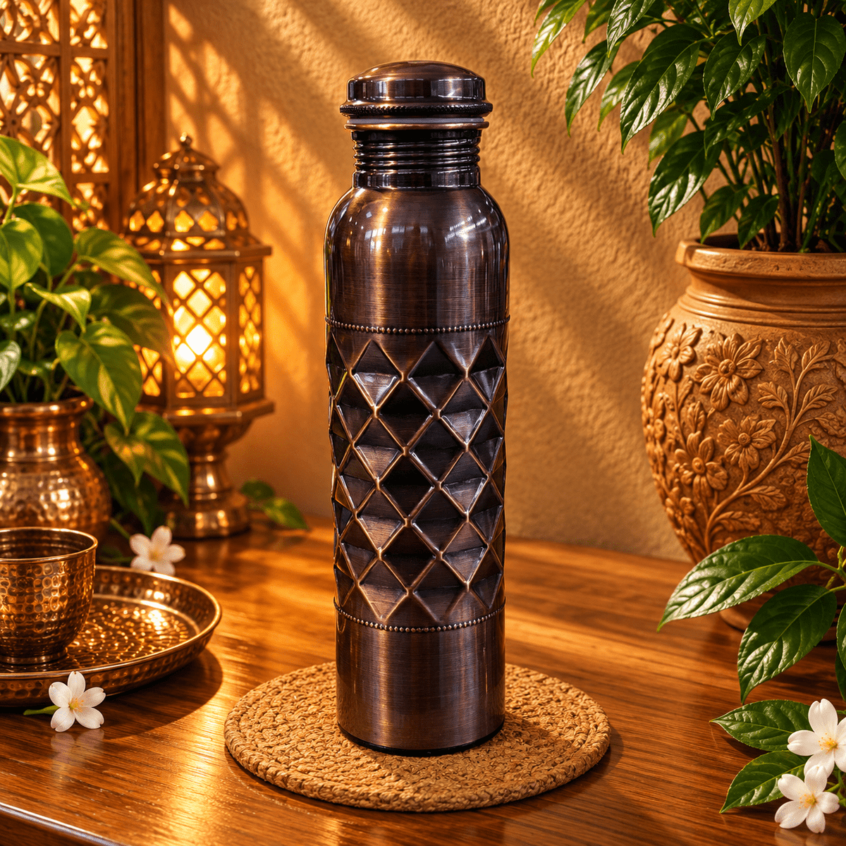 Botella de Cobre Tamra con Diseño Geométrico en Relieve - BOUTIQUEDELAINDIA