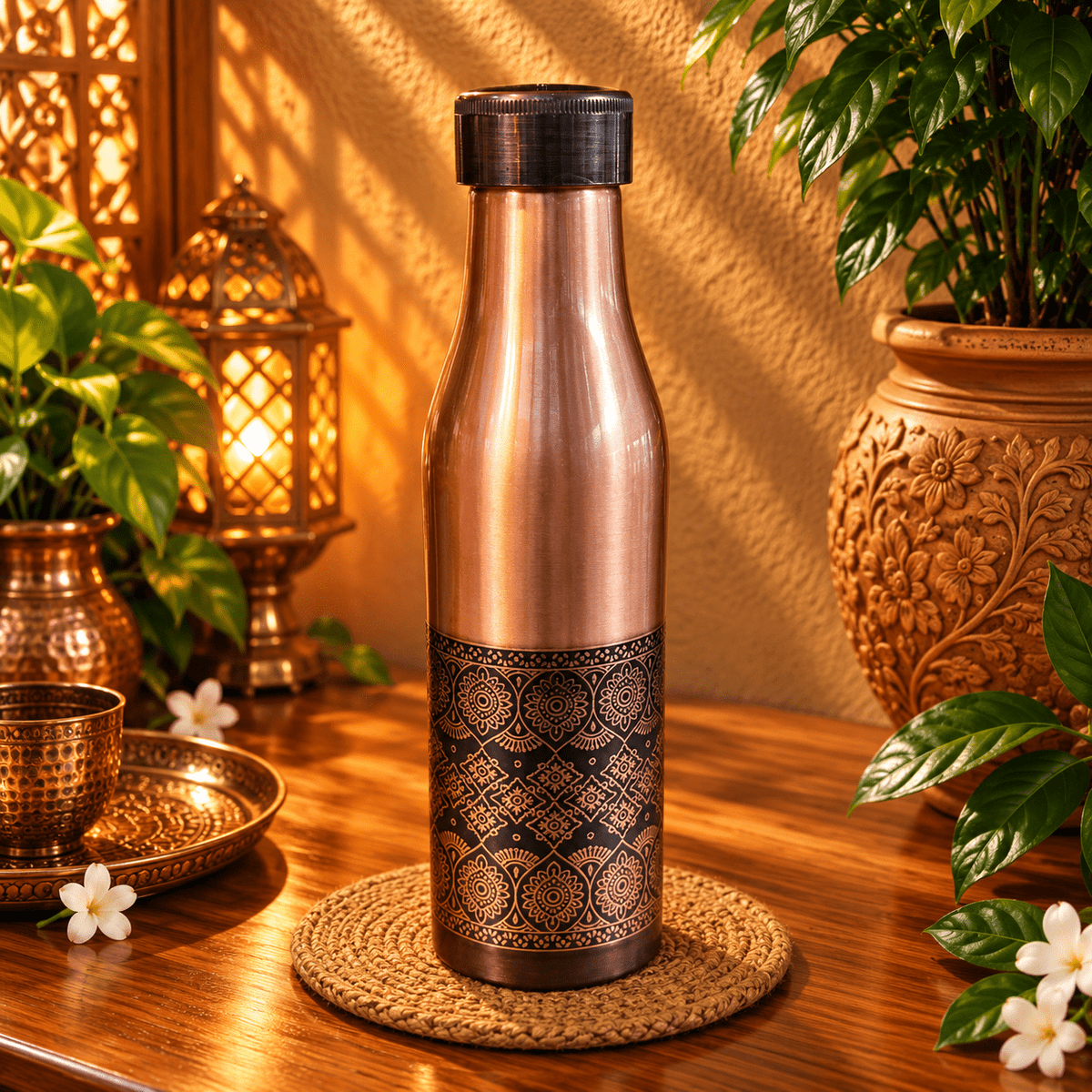 Botella de Cobre Rosa con Diseño Mandala Oriental - BOUTIQUEDELAINDIA