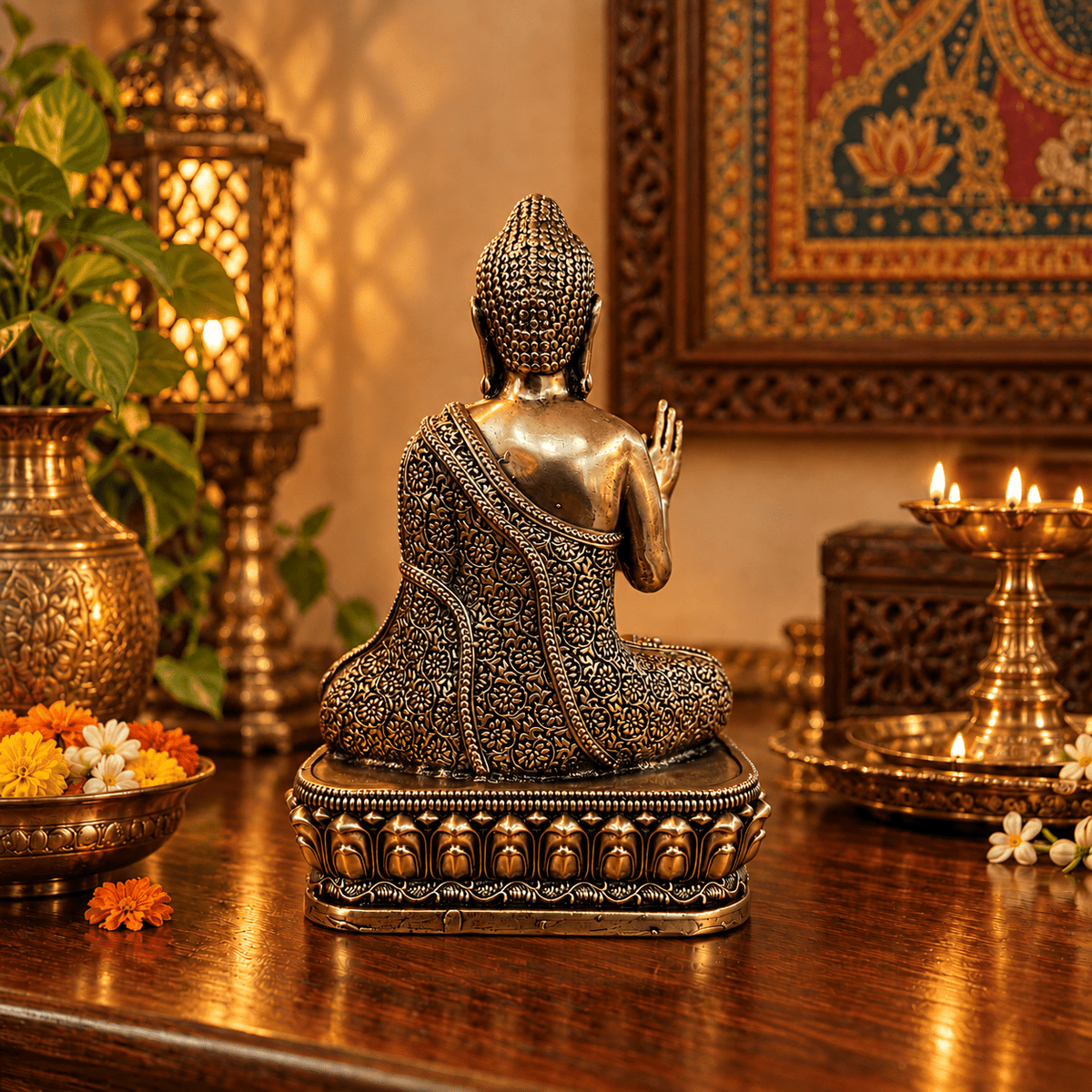 Figura Decorativa Buda de Bronce Shanti Sentado con Base de Loto - BOUTIQUEDELAINDIA