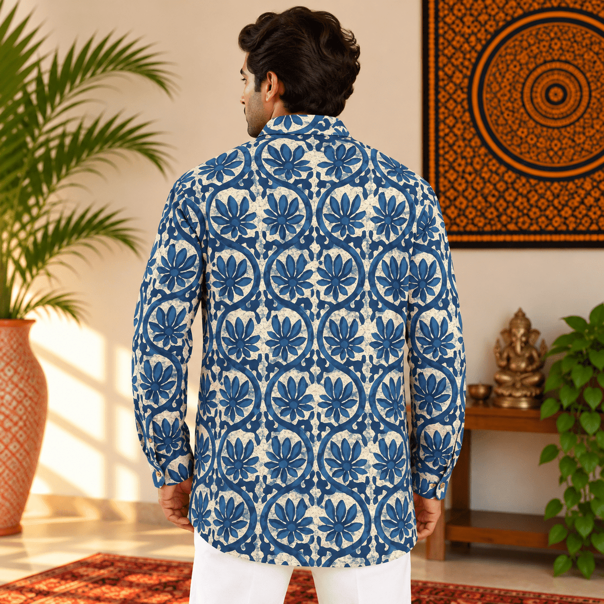 Kurta Corta para Hombre con Estampado de Flores Índigo KH - BOUTIQUEDELAINDIA