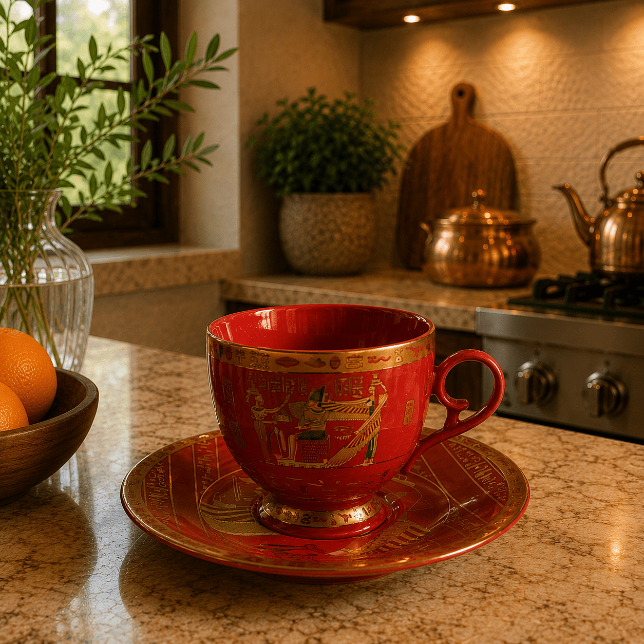 Taza con Plato Nefertari Rojo - BOUTIQUEDELAINDIA