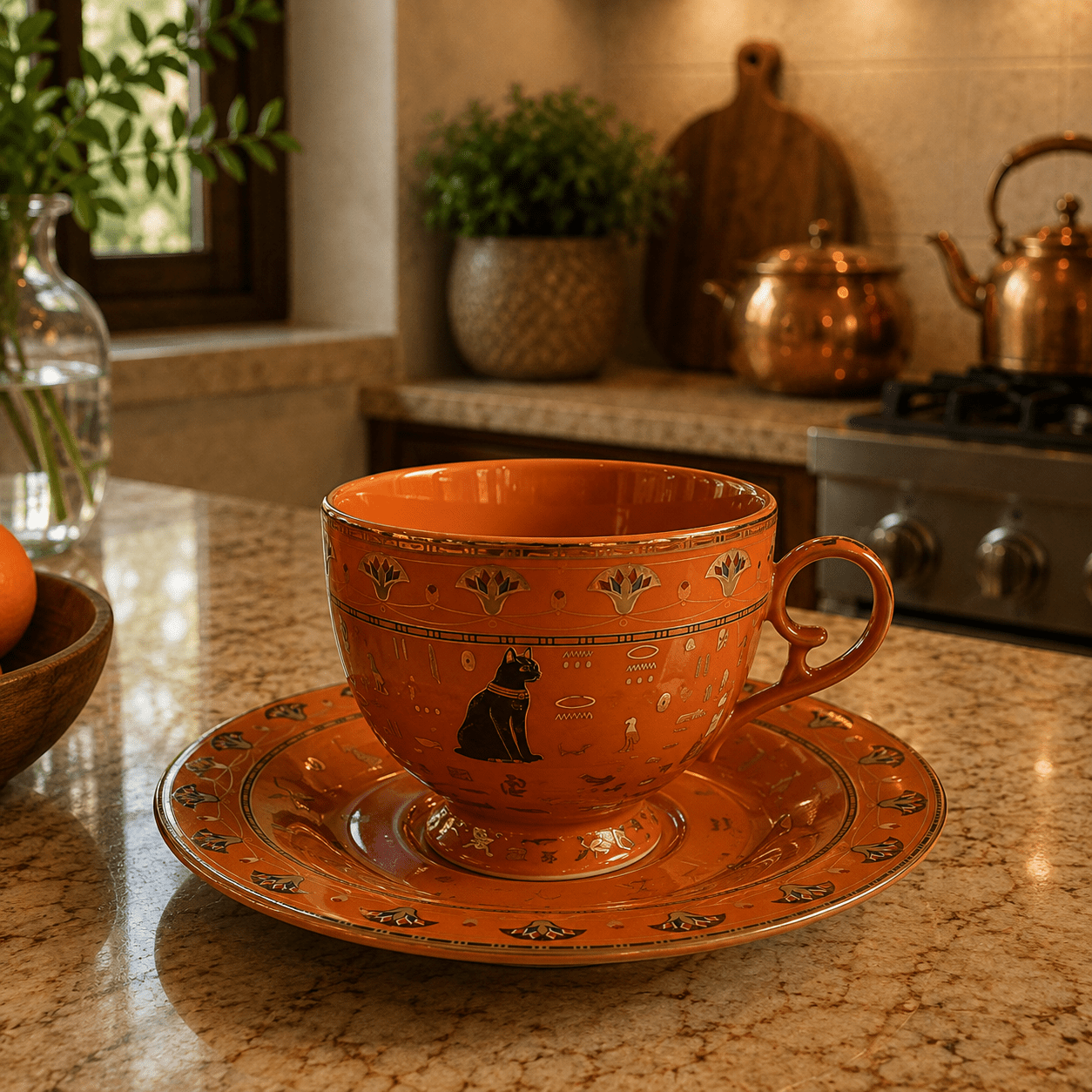 Taza con Plato Bastet Terracota - BOUTIQUEDELAINDIA