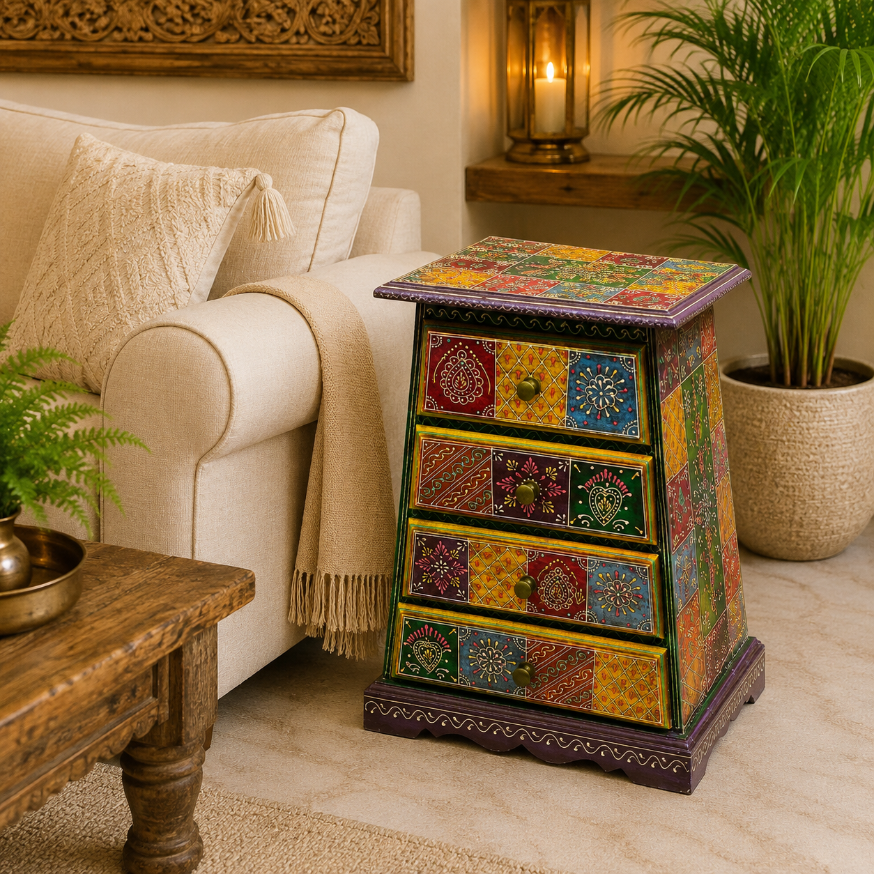 Mesa Auxiliar Cajonera Artesanal Kalamkari - BOUTIQUEDELAINDIAENCOLOMBIA
